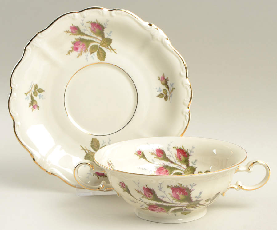 Moss Rose (Pompadour, Ivory Body, Off Center) Footed Cream Soup Bowl & Saucer Set by Rosenthal - Continental-1