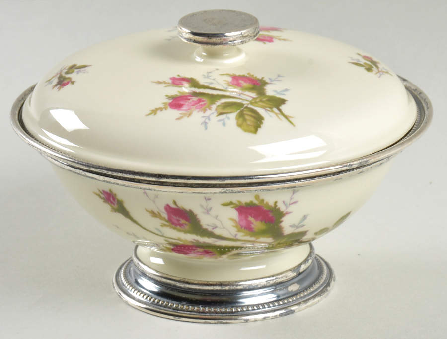 Moss Rose (Pompadour, Ivory Body, Off Center) Candy Box & Lid with Sterling Base, Rim & Finial by Rosenthal - Continental-1