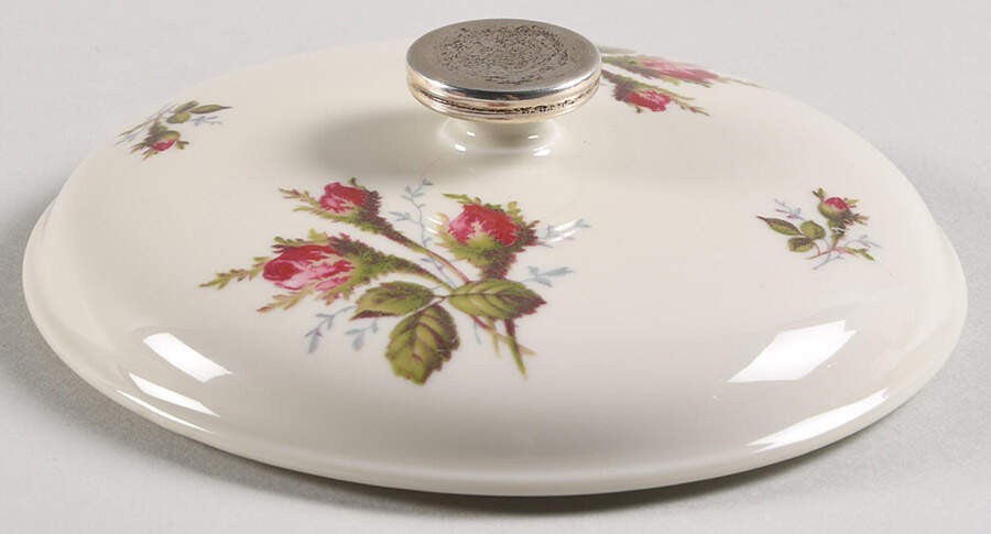 Moss Rose (Pompadour, Ivory Body, Off Center) Lid for Candy Box w/Sterling Base, Rim, Finial by Rosenthal - Continental-1