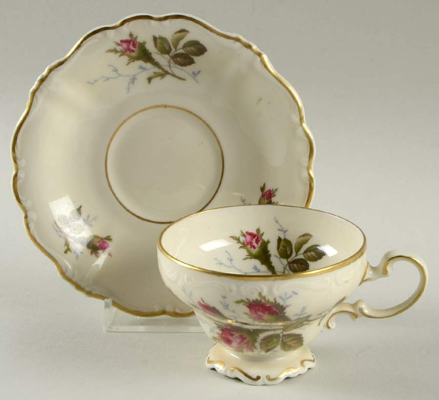Moss Rose (Pompadour, Ivory Body, Off Center) Footed Demitasse Cup & Saucer Set by Rosenthal - Continental-1