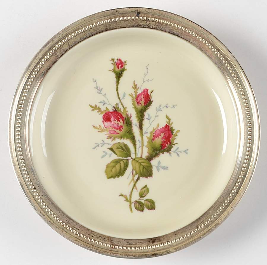 Moss Rose (Pompadour, Ivory Body, Off Center) Wine Bottle Coaster with Sterling Rim by Rosenthal - Continental-1