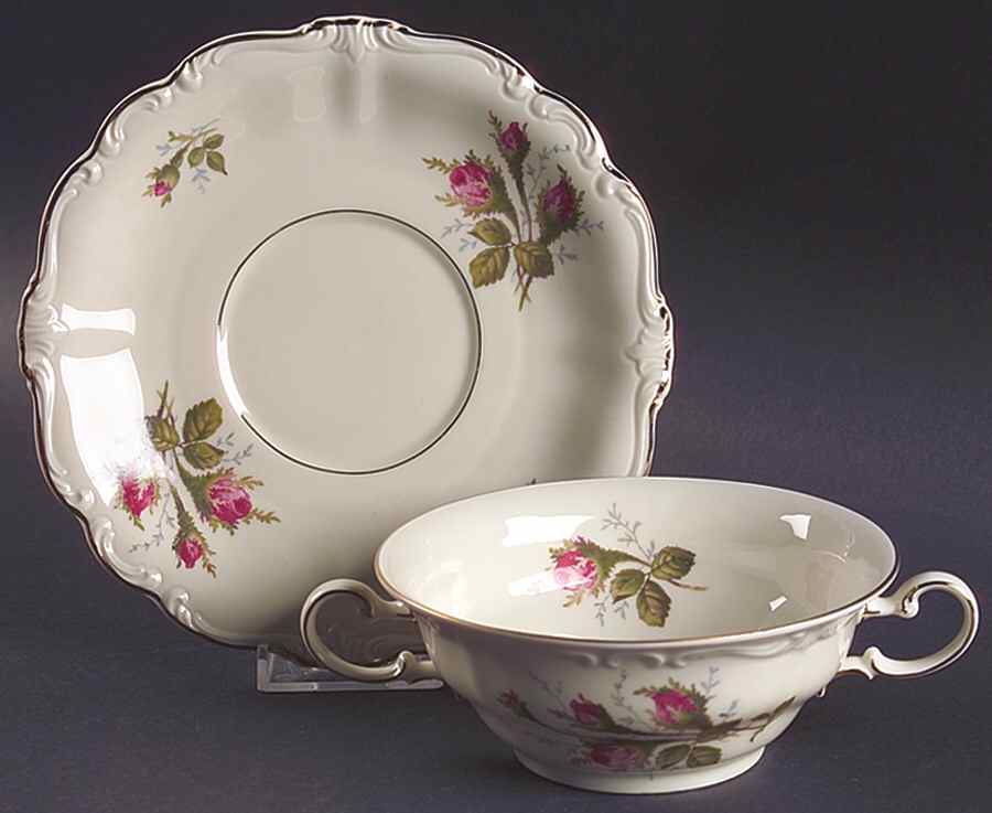 Moss Rose (Pompadour, Ivory Body, Off Center) Flat Cream Soup Bowl & Saucer Set by Rosenthal - Continental-1