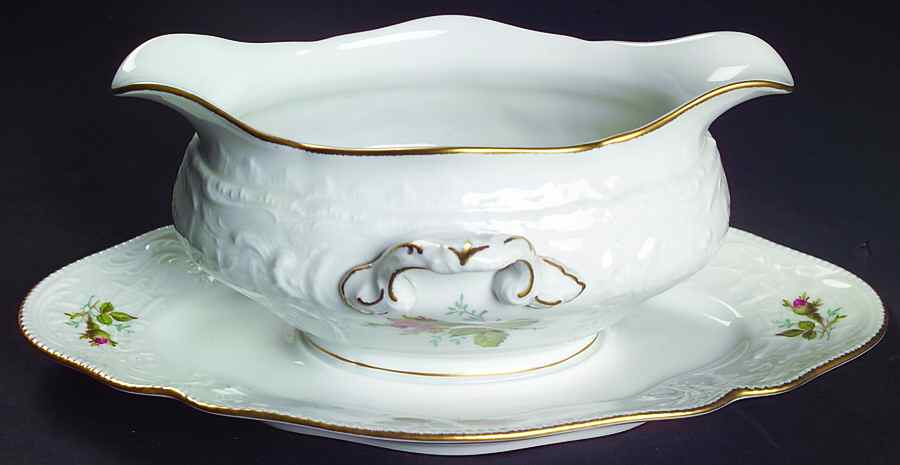 Moss Rose (Sans Souci, White) Gravy Boat with Attached Underplate by Rosenthal - Continental-1