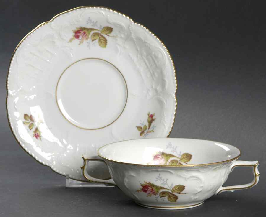 Moss Rose (Sans Souci, White) Footed Cream Soup Bowl & Saucer Set by Rosenthal - Continental-1