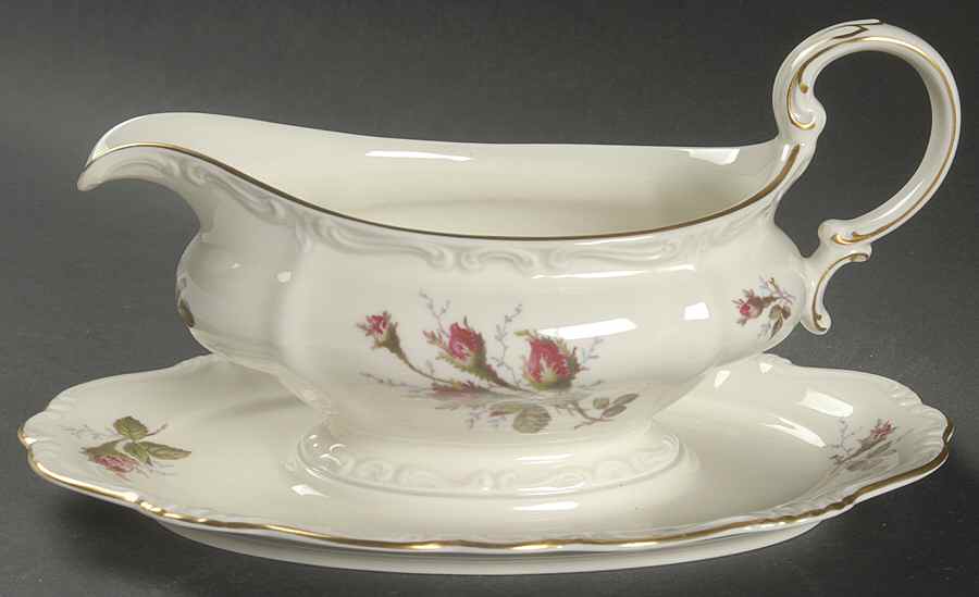 Moss Rose (Pompadour, White Body, Off Center) Gravy Boat with Attached Underplate by Rosenthal - Continental-1