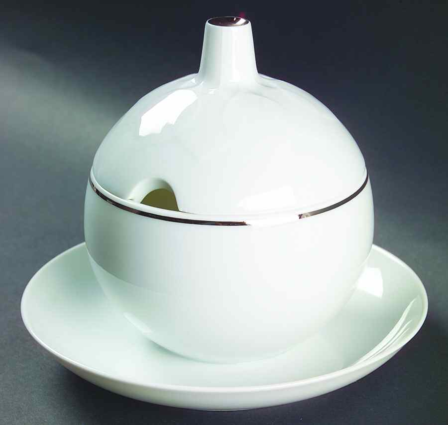 Platinum Band (Lotus Shape) Gravy Boat w/Attached Underplate & Lid by Rosenthal - Continental-1
