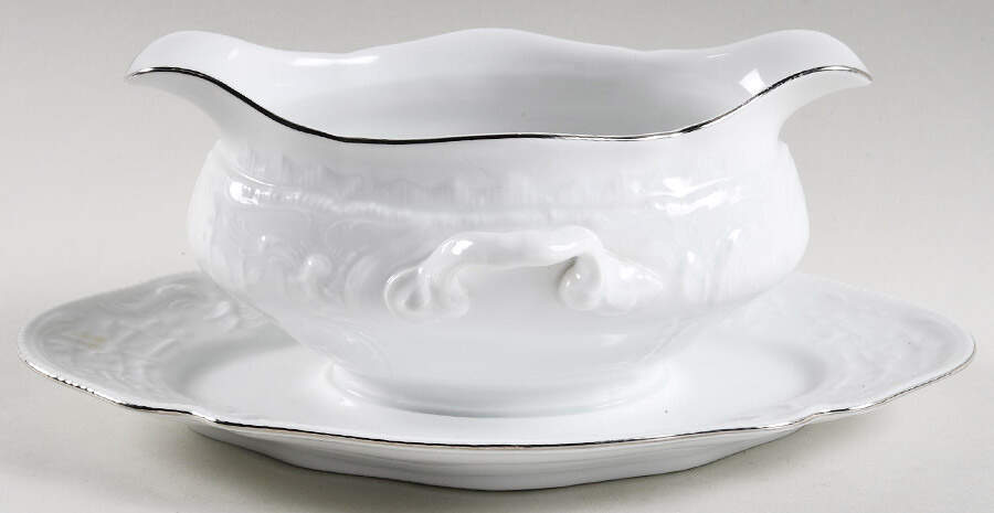 Platinum Band (Sanssouci, White) Gravy Boat with Attached Underplate by Rosenthal - Continental-1