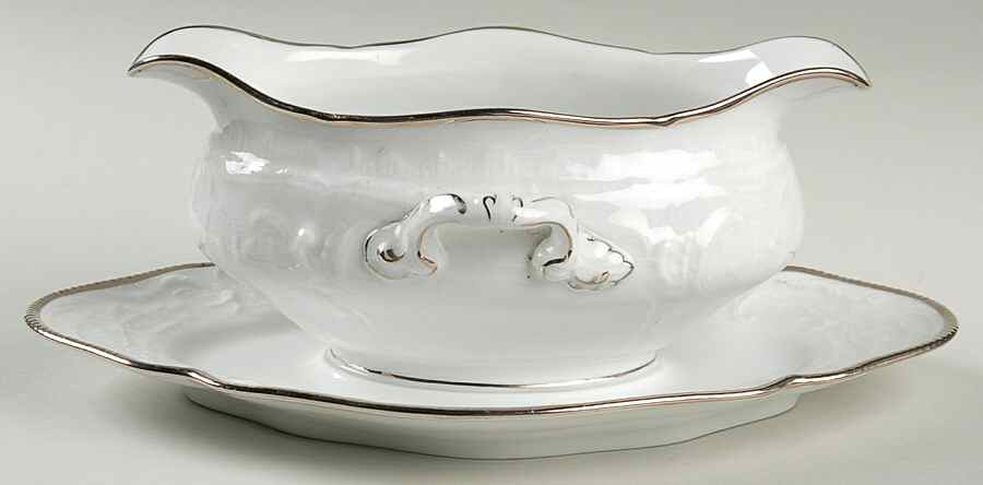 Platinum Band (Sanssouci, White) Gravy Boat with Attached Underplate by Rosenthal - Continental-1