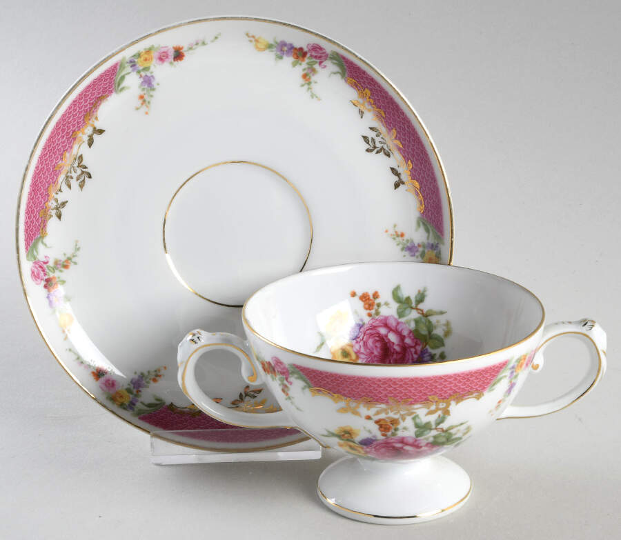 Queen's Rose (No Inner Gold Band) Footed Bouillon Cup & Saucer by Rosenthal - Continental-1