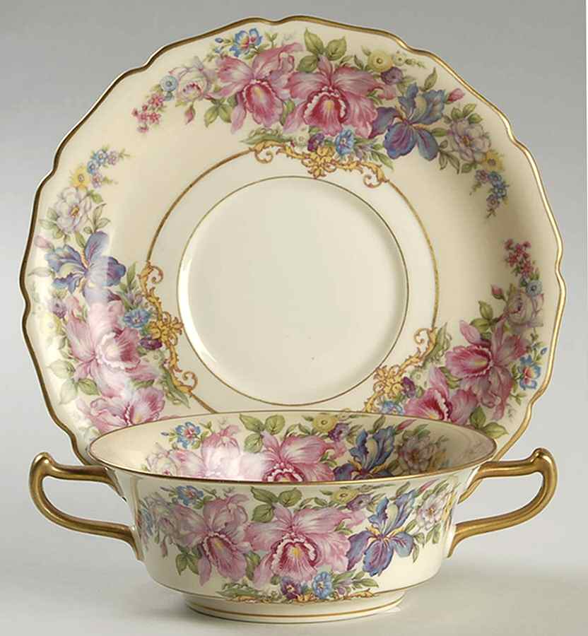 Gwendolyn (Yellow or Yellow & Red Scrolls) Footed Cream Soup Bowl & Saucer Set by Rosenthal - Continental-1