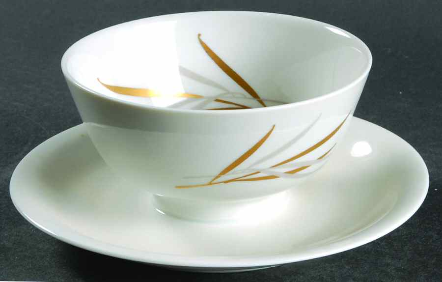 Royal (Form E, Gray and Gold Leaves) Round Gravy Boat/Attached Underplate by Rosenthal - Continental-1