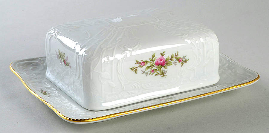 Sanssouci Rose White (Gold Trim) Rectangular Covered Butter by Rosenthal - Continental-1