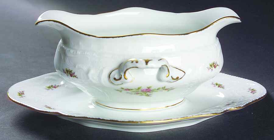 Sanssouci Rose White (Gold Trim) Gravy Boat with Attached Underplate by Rosenthal - Continental-1