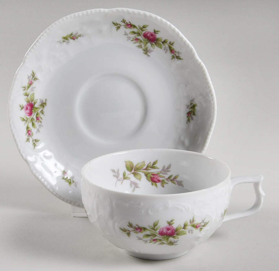 Sanssouci Rose (White, No Trim) Flat Cup & Saucer Set by Rosenthal - Continental-1