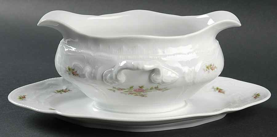 Sanssouci Rose (White, No Trim) Gravy Boat with Attached Underplate by Rosenthal - Continental-1