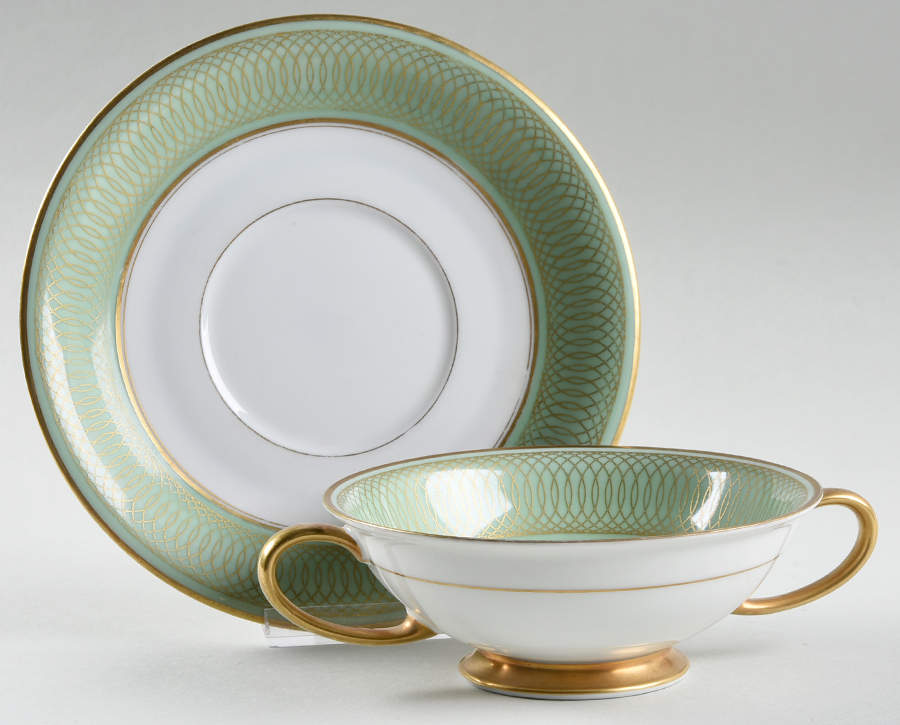 Spencerian Celadon Green Footed Cream Soup Bowl & Saucer Set by Rosenthal - Continental-1