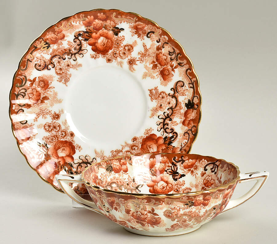 Victorian Rust Footed Cream Soup Bowl & Saucer Set by Samuel Radford-1