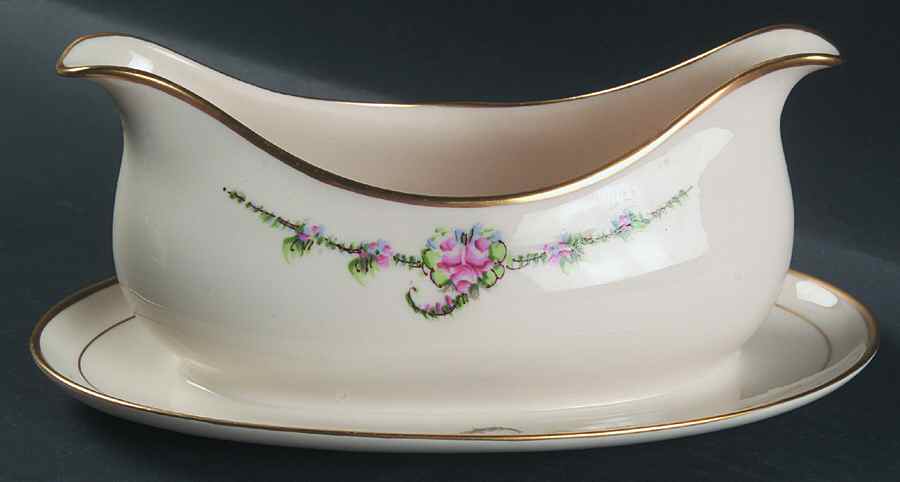 June Rose (Gold Trim) Gravy Boat with Attached Underplate by Ransgil-1