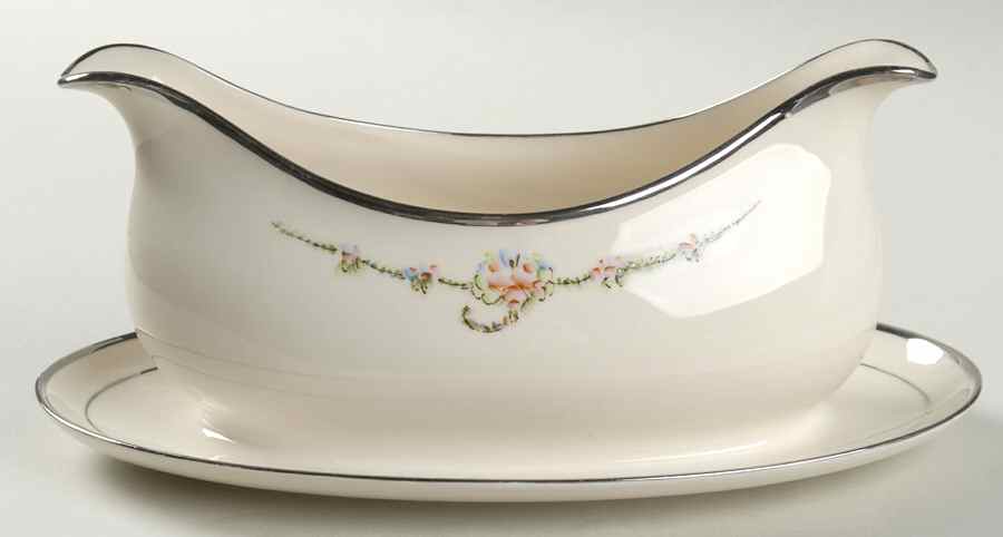 June Rose (Platinum Trim) Gravy Boat with Attached Underplate by Ransgil-1