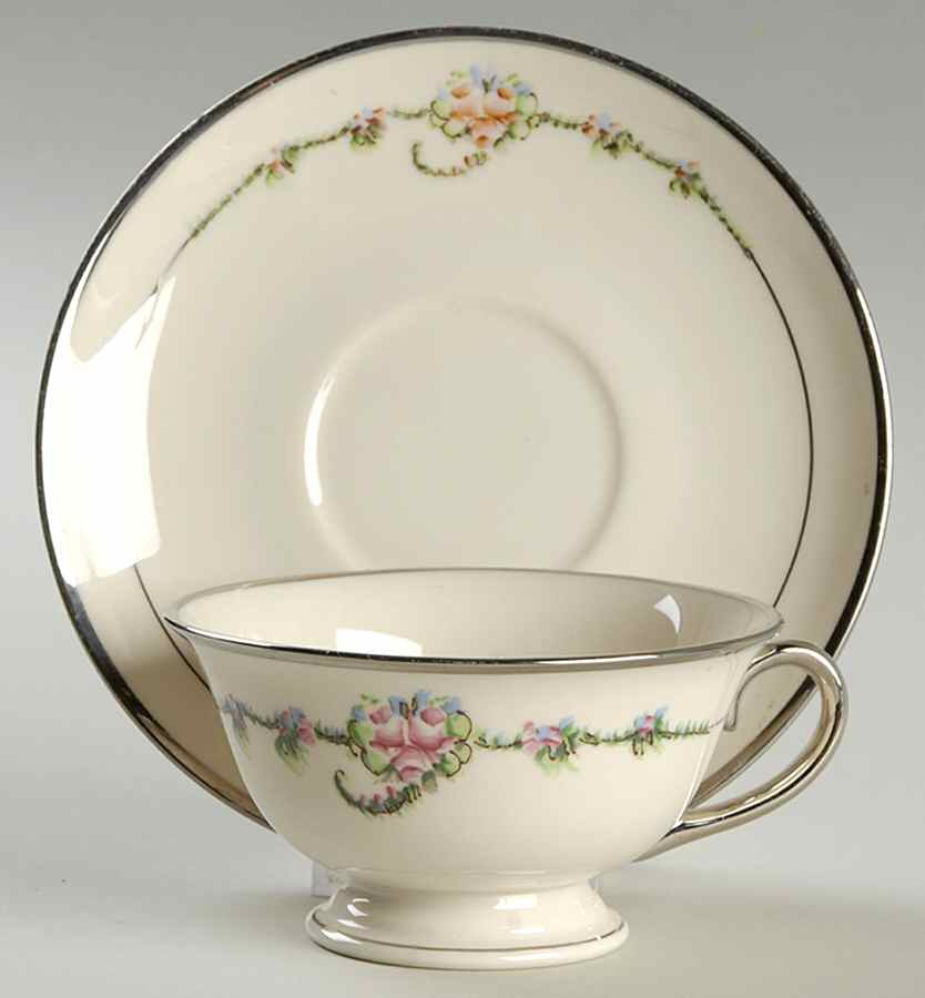 June Rose (Platinum Trim) Footed Cup & Saucer Set by Ransgil-1
