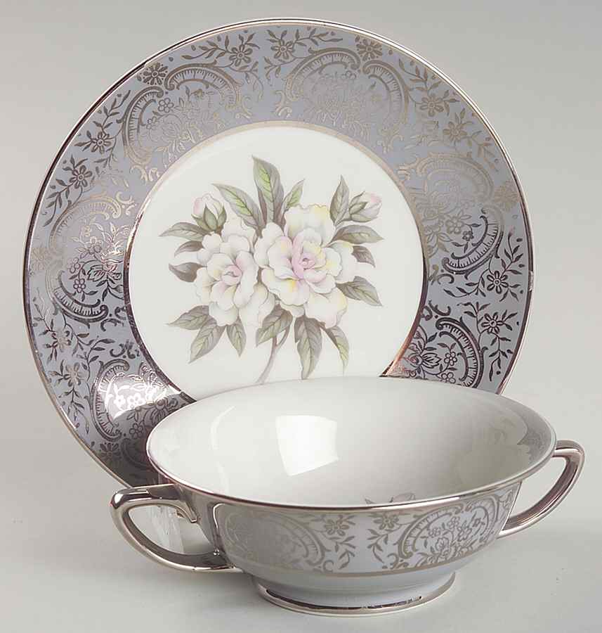Silver Gardenia Footed Cream Soup Bowl & Saucer Set by Royal Cathay-1