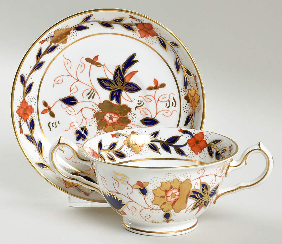 Asian Rose (Duesbury Shape) Footed Bouillon Cup & Saucer by Royal Crown Derby-1