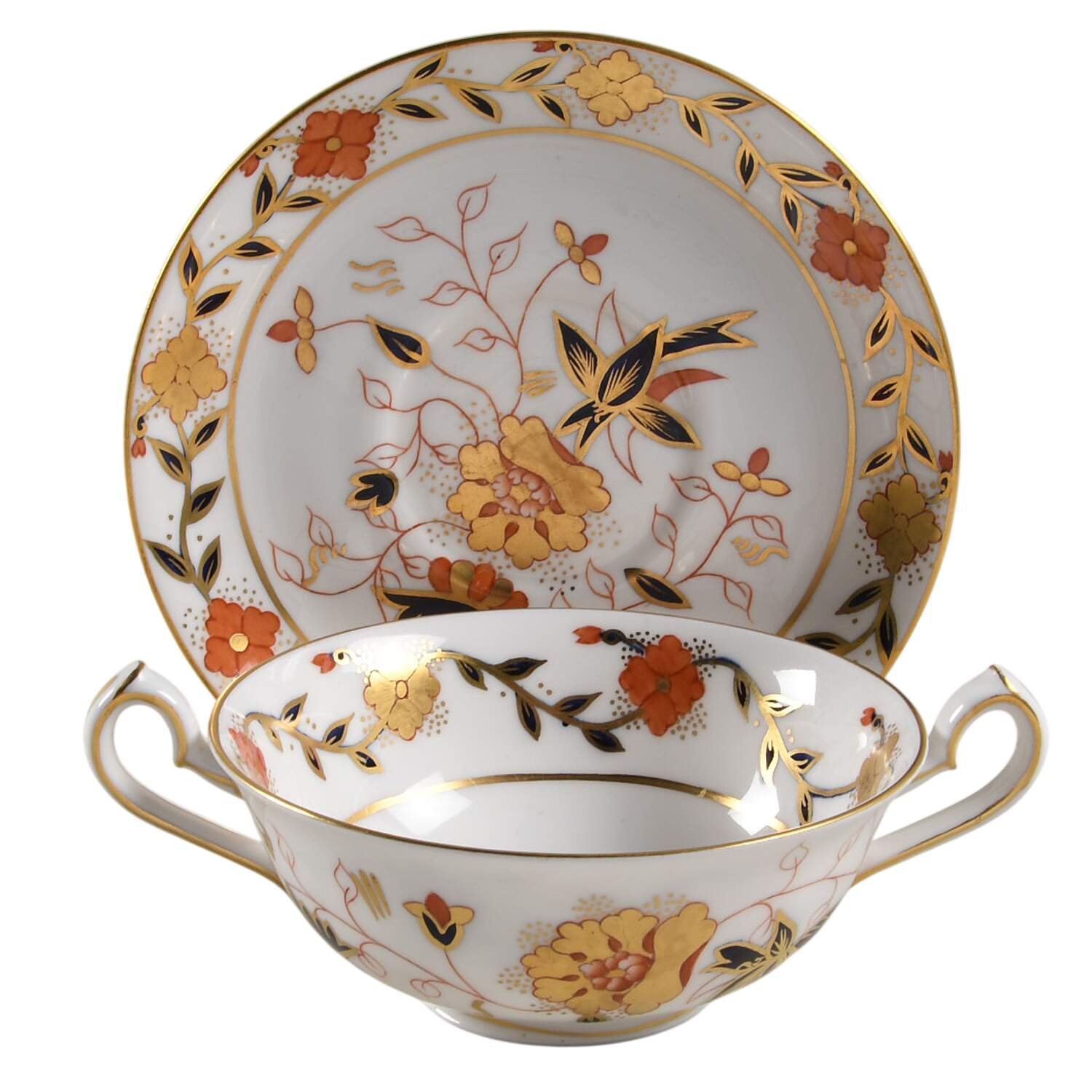 Asian Rose (Duesbury Shape) Footed Cream Soup Bowl & Saucer Set by Royal Crown Derby-1