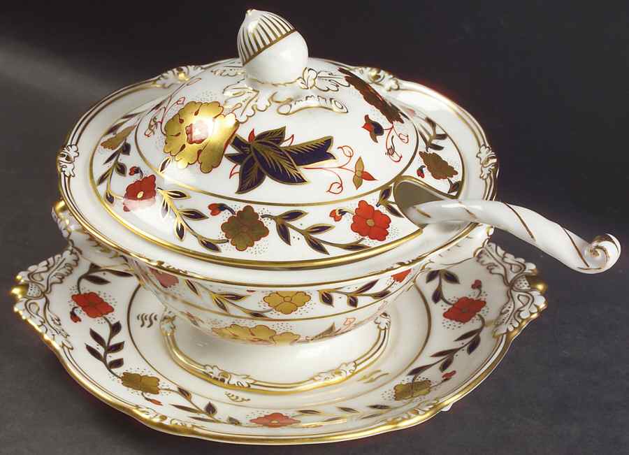 Asian Rose (Duesbury Shape) Sauce Boat & Lid & Underplate & Ladle by Royal Crown Derby-1