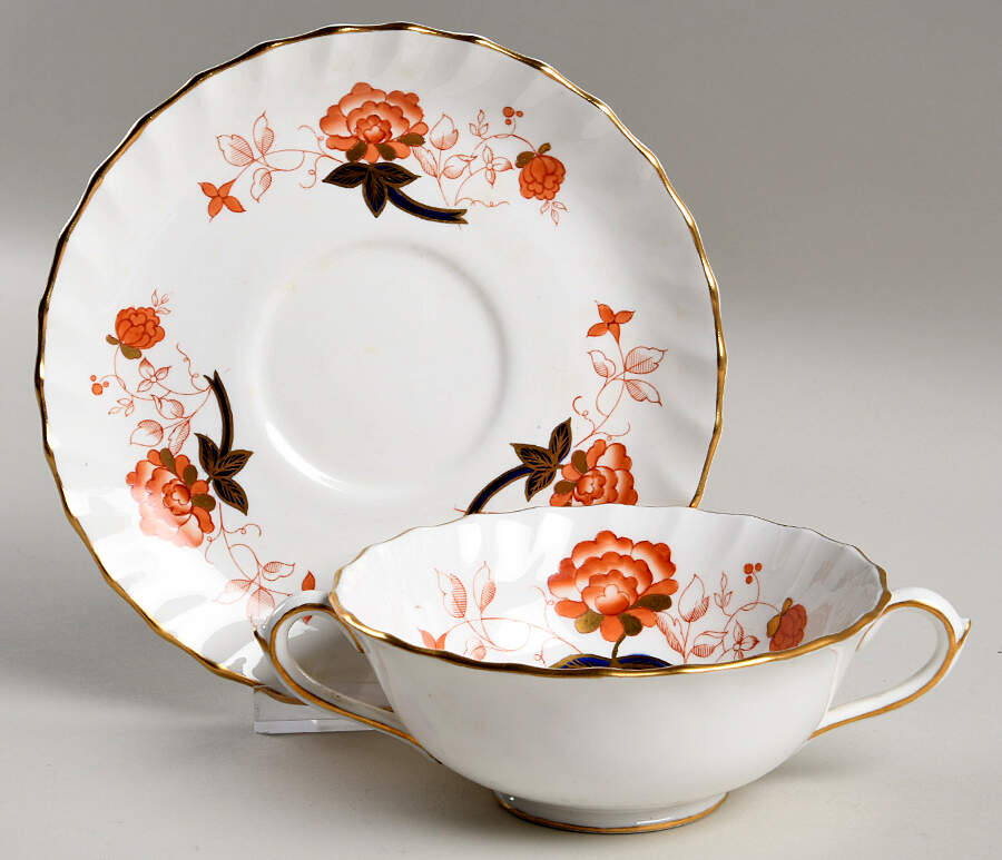 Bali (Boston Shape, Swirl) Footed Cream Soup Bowl & Saucer Set by Royal Crown Derby-1