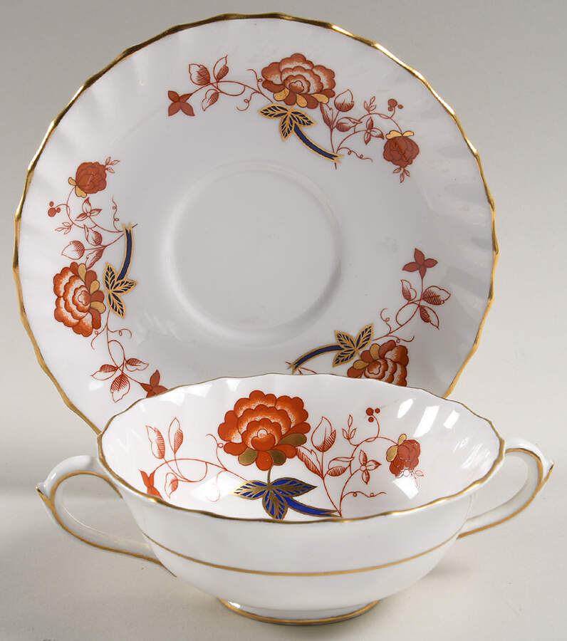 Bali (Boston Shape, Swirl) Footed Cream Soup Bowl & Saucer Set by Royal Crown Derby-1
