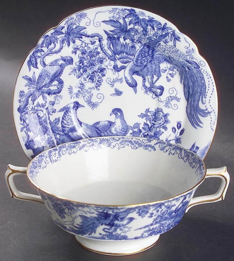 Blue Aves Footed Cream Soup Bowl & Saucer Set by Royal Crown Derby-1