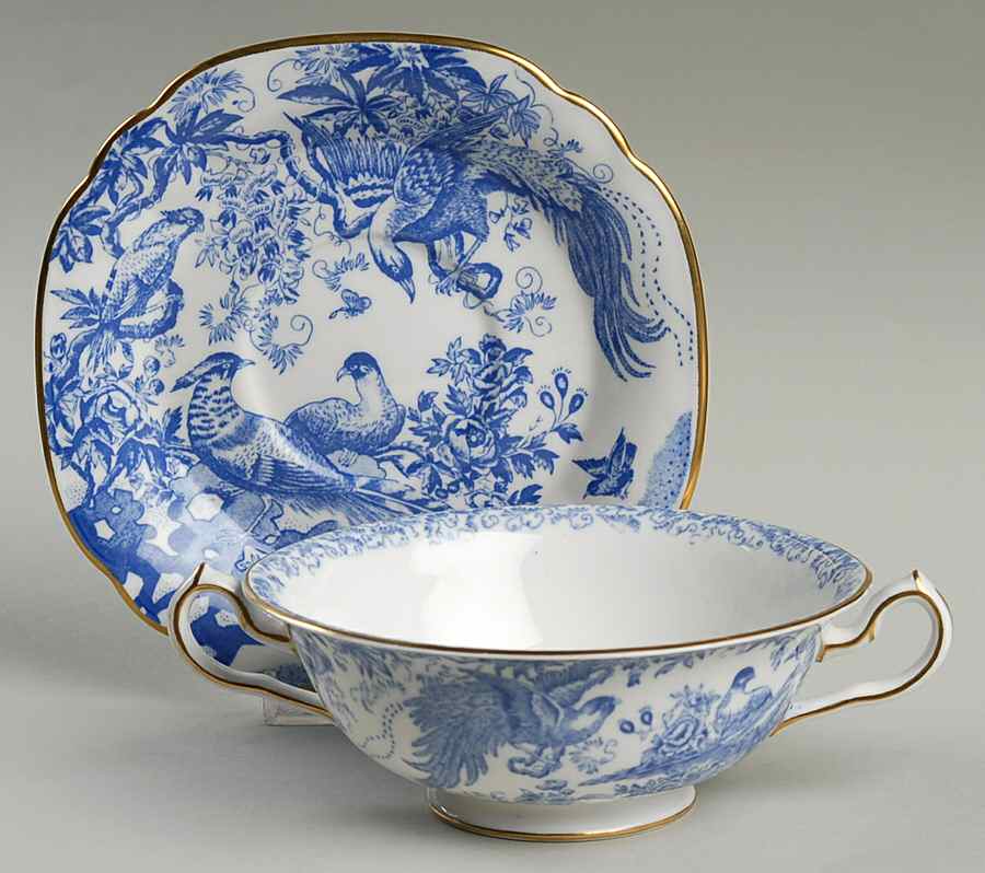 Blue Aves Footed Cream Soup Bowl & Saucer Set by Royal Crown Derby-1