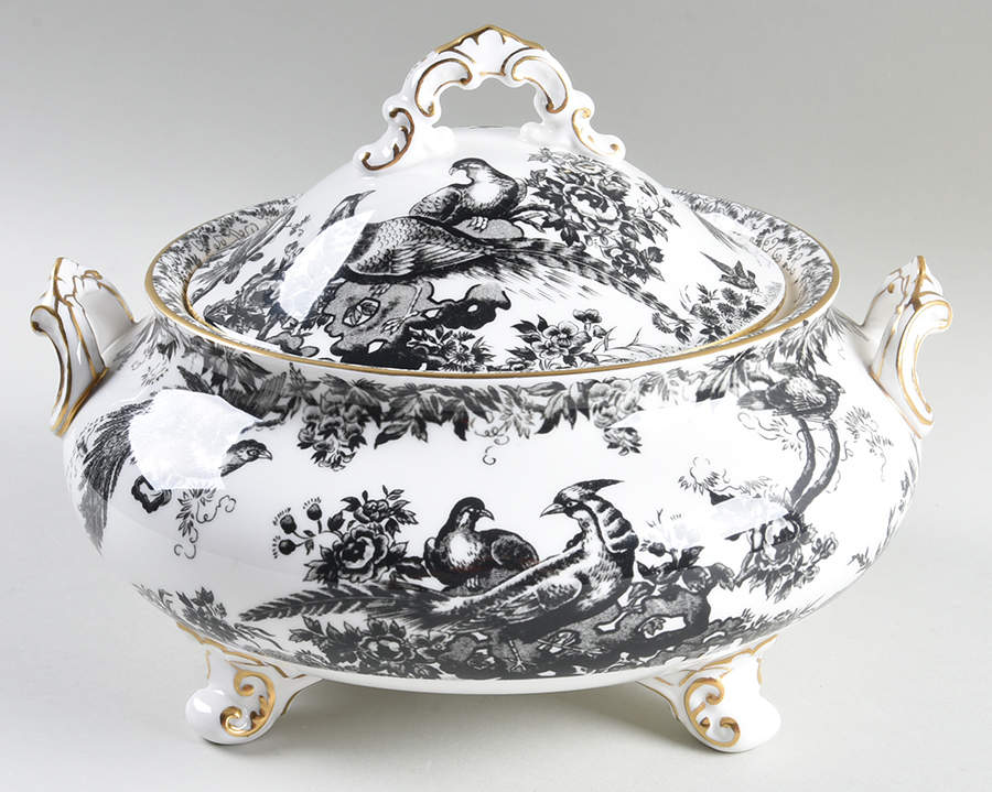 Black Aves (Gold Trim) Round Covered Vegetable by Royal Crown Derby-1