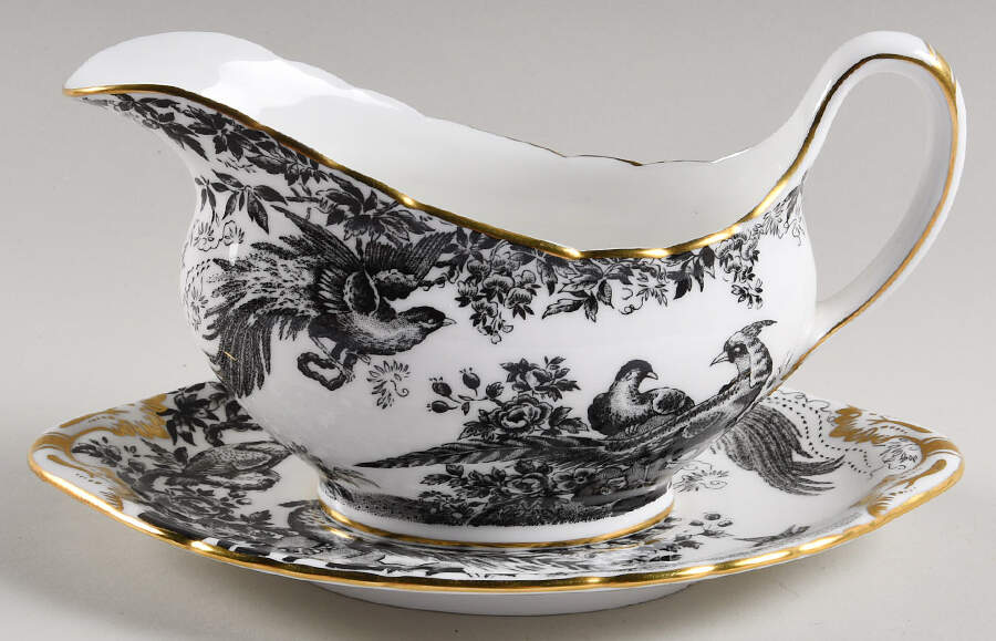 Black Aves (Gold Trim) Gravy Boat & Underplate by Royal Crown Derby-1