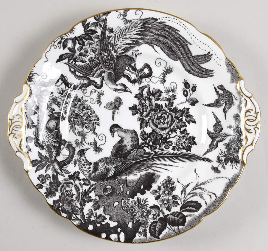 Black Aves (Gold Trim) Round Serving Plate with Handle (SP) by Royal Crown Derby-1