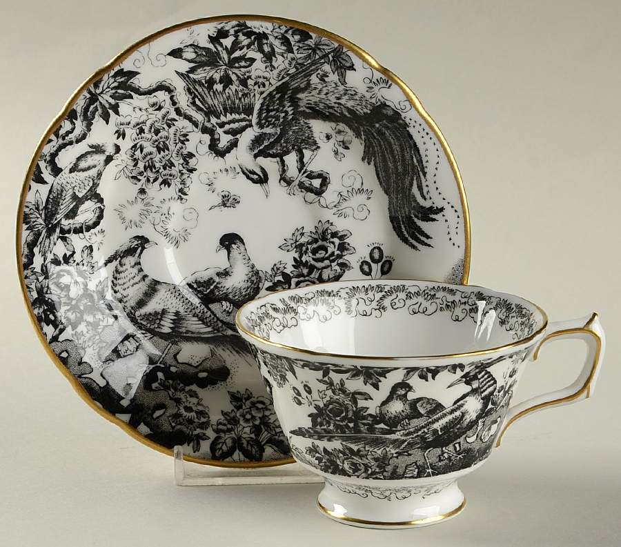 Black Aves (Gold Trim) Footed Cup & Saucer Set by Royal Crown Derby-1