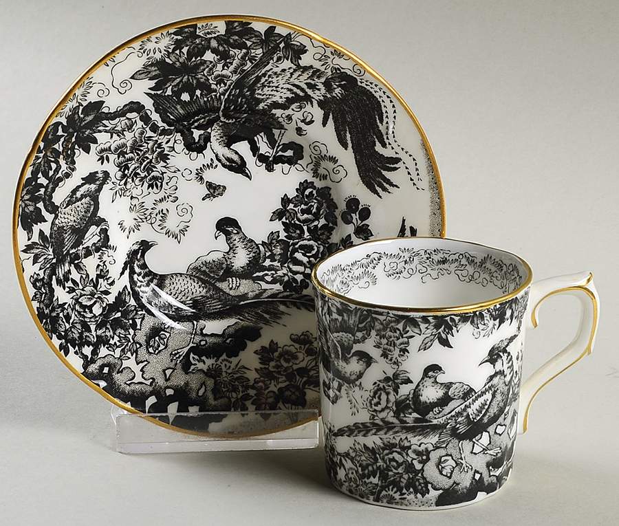 Black Aves (Gold Trim) Flat Demitasse Cup & Saucer Set by Royal Crown Derby-1