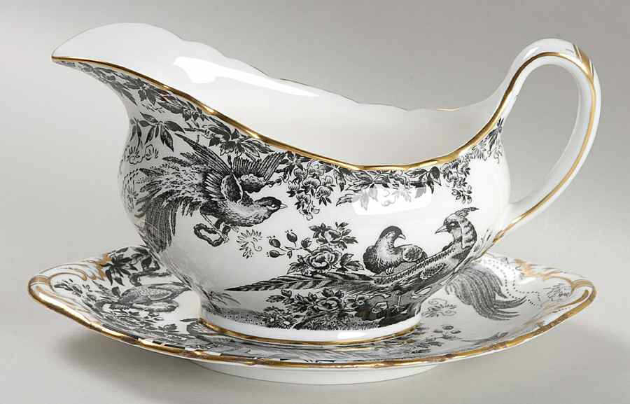 Black Aves (Gold Trim) Gravy Boat & Underplate by Royal Crown Derby-1