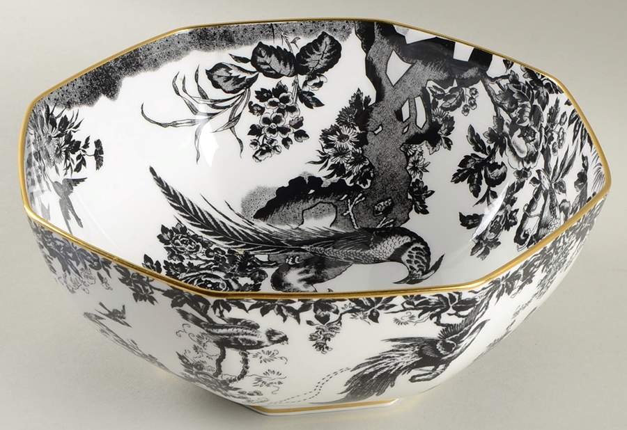 Black Aves (Gold Trim) 9" Octagonal Vegetable Bowl by Royal Crown Derby-1