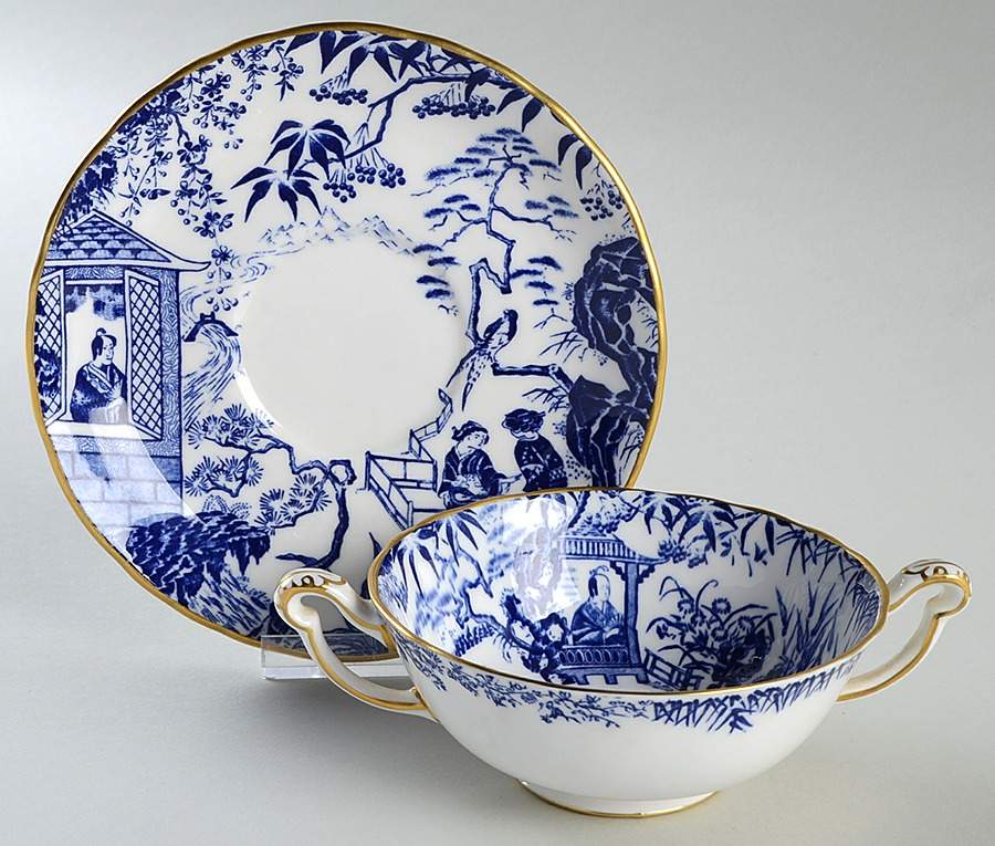 Blue Mikado Footed Cream Soup Bowl & Saucer Set by Royal Crown Derby-1