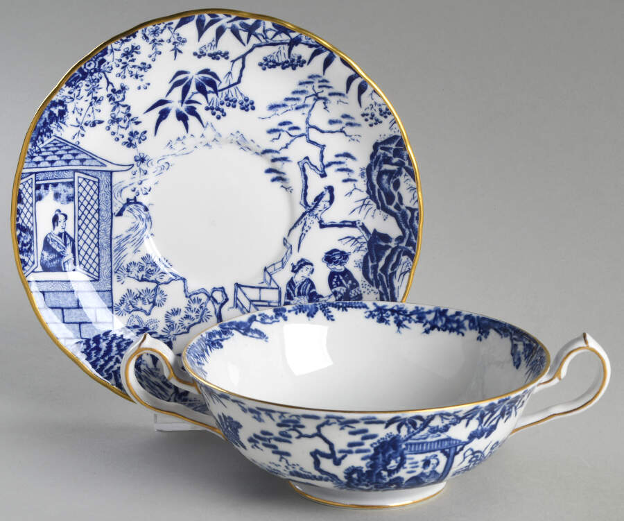 Blue Mikado Footed Cream Soup Bowl & Saucer Set by Royal Crown Derby-1