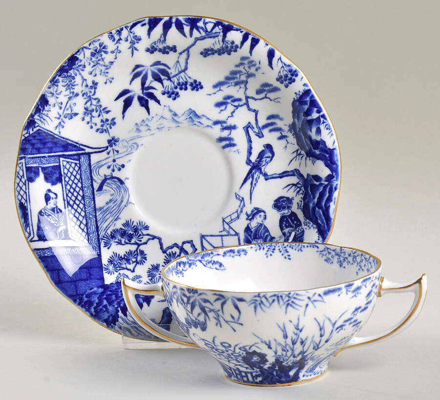 Blue Mikado Flat Bouillon Cup & Saucer by Royal Crown Derby-1