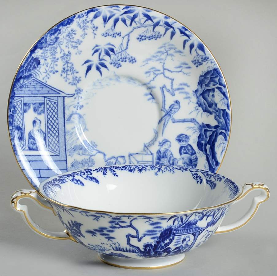 Blue Mikado Footed Cream Soup Bowl & Saucer Set by Royal Crown Derby-1