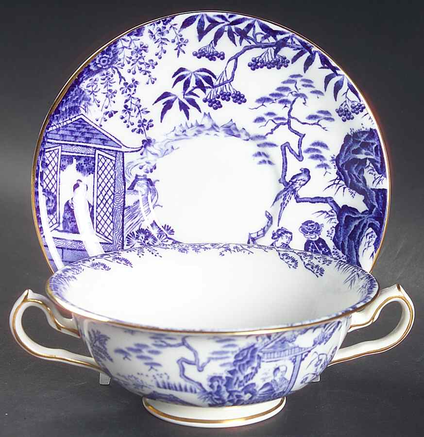 Blue Mikado Footed Cream Soup Bowl & Saucer Set by Royal Crown Derby-1
