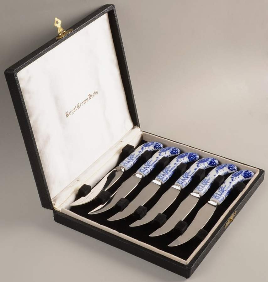 Blue Mikado Fruit Knife Set with Case by Royal Crown Derby-1