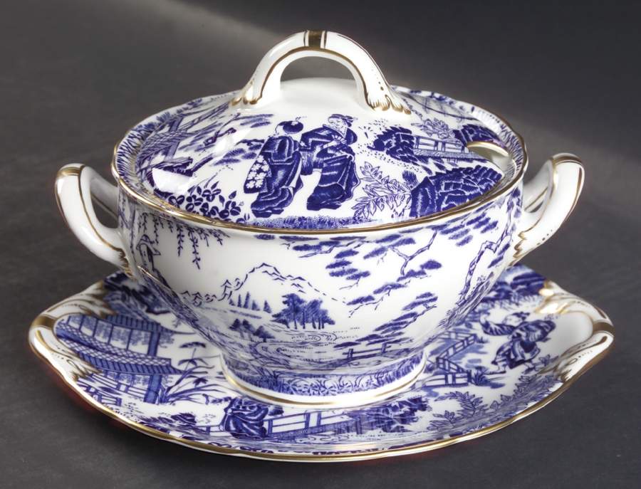 Blue Mikado Sauce Boat & Lid with Underplate by Royal Crown Derby-1