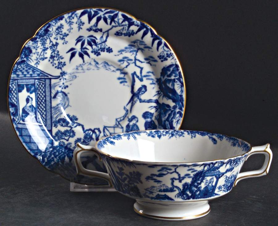 Blue Mikado Footed Cream Soup Bowl & Saucer Set by Royal Crown Derby-1