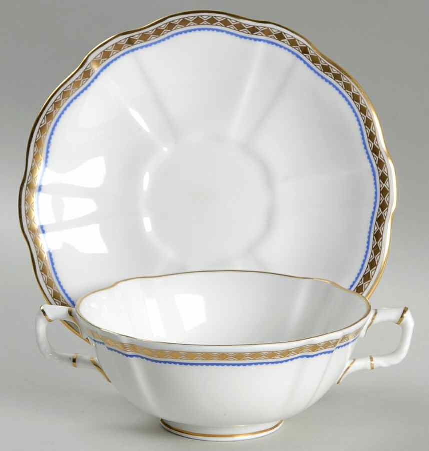 Carlton Blue Footed Cream Soup Bowl & Saucer Set by Royal Crown Derby-1