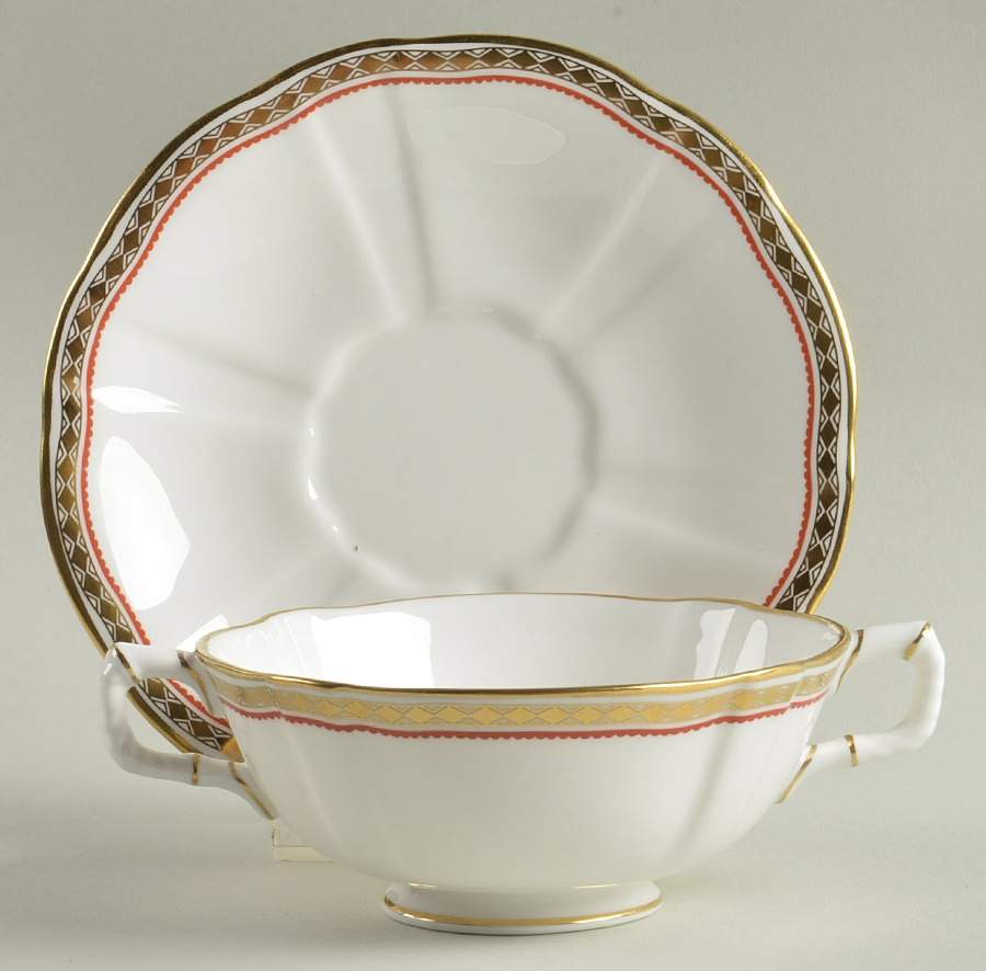 Carlton Red Footed Cream Soup Bowl & Saucer Set by Royal Crown Derby-1