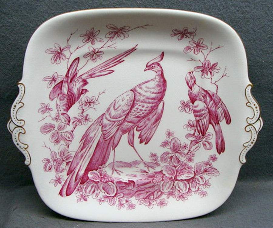 Chelsea Bird Red Pink Handled Cake/Pastry Plate by Royal Crown Derby-1
